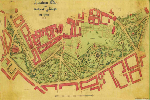 Ein detailliertes altes Stadtplan von Stuttgart, Deutschland, mit einem grünen Rand, der Gebäude, Straßen und andere Merkmale sowie Text zeigt, der Informationen über die Bevölkerung, den Standort und die Geschichte der Stadt enthält.