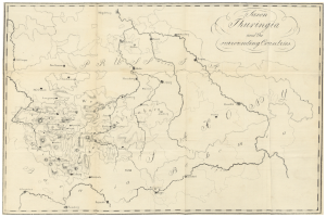 Eine Papierkarte des Königreichs Thüringen und der umliegenden Länder mit Text zu Grenzlinien und Ländern.