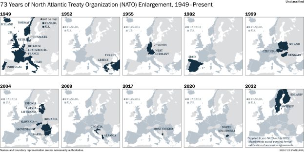 Karte der NATO-Erweiterung von 1949 bis heute, zeigt Mitgliedsadditionen nach Jahr und Region.