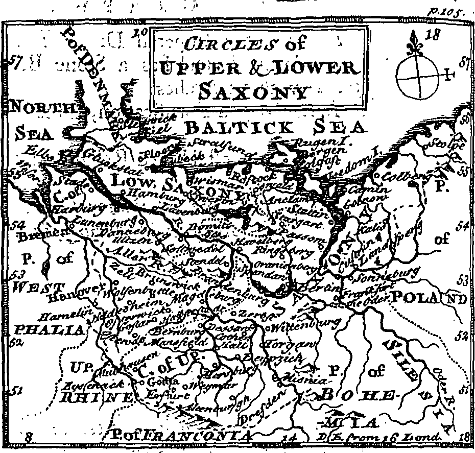 Eine detaillierte Schwarz-Weiß-Karte von Ober- und Niedersachsen, die geographische Merkmale wie Flüsse, Berge und Städte zeigt, mit informativem Text darübergelegt.