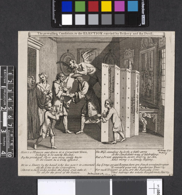 Eine Schwarz-Weiß-Radierung einer Gruppe von Menschen in einem Raum, die sich um ein zentrales Papier mit Text- und Farboptionen am oberen Rand versammeln, symbolisiert eine korrupte Wahl.