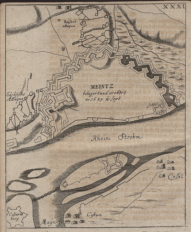 Alte detaillierte Karte von Meintz, Deutschland, zeigt Straßen, Gebäude, Sehenswürdigkeiten und Text mit Bevölkerungsangaben, Lage und historischem Hintergrund.