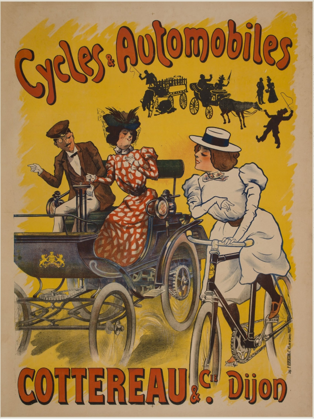 Plakat zur Förderung von Fahrrädern und Automobilen in Cottereau und Dijon, Frankreich, zeigt Menschen auf Fahrrädern und eine Kutsche mit "Fahrräder und Automobile" oben.