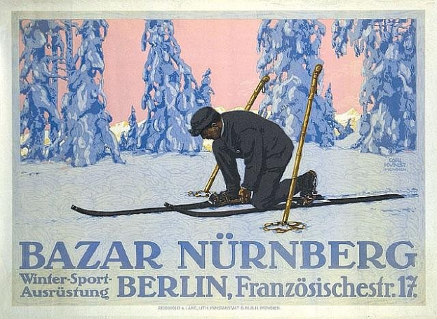 Plakat zum Bazar Nürnberg Winter Sport in Berlin, Deutschland, das eine Person beim Skifahren mit Bäumen im Hintergrund und Text auf dem Plakat zeigt.