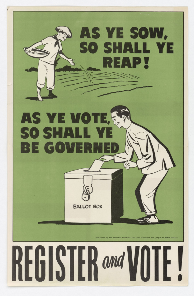 Plakat mit einem Mann in einem Anzug und einer Frau vor einer Box, Text "Wählen Sie" darüber, beide mit entschlossener Miene.